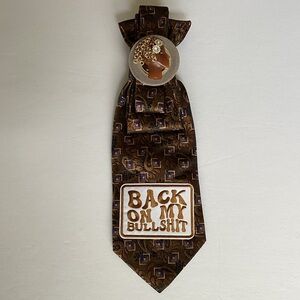 Positive Vibe Junkie Tie: Brown Patterned Tie with Vintage Pin and Bold Patch